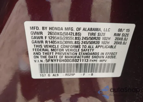 2016 Honda Pilot Elite z USA, uszkodzony, nr VIN 5FNYF6H00GB021113